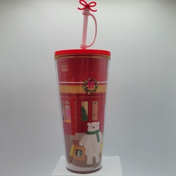 Starbucks Christmas Shopping Bear Cold Cup tumbler With Straw Topper - Picture 1 of 10